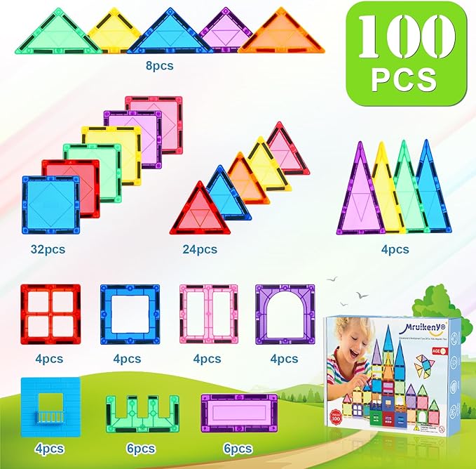 100PCS Magnetic Tiles Kids Toys - Magnetic Building Blocks STEM Magnet Building Set Preschool Learning Magnet Toys for Kids Ages 3-5 4-8, Sensory Montessori Toy for Toddlers 3+ Year Old