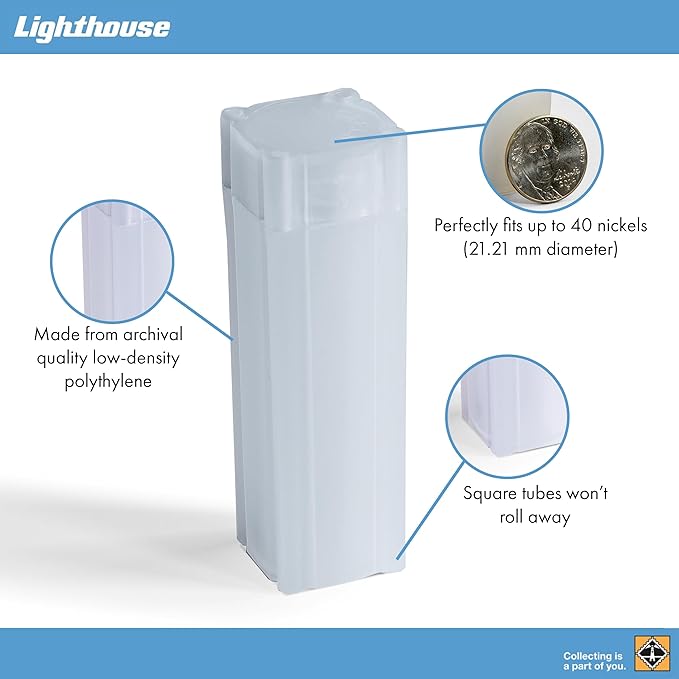 LIGHTHOUSE - Square Coin Tubes - Convenient Push Top, Virtually Unbreakable, Acid Free and Archival Quality - Coin Tubes for US Nickels, 10 Pack