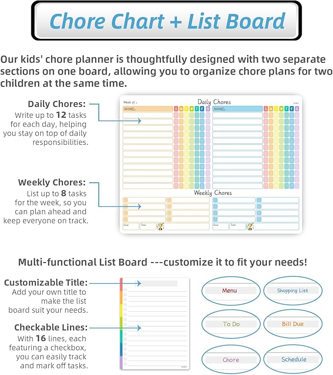 JJPRO Magnetic Chore Chart for Kids Multiple Kids, Adults-14.5"x11" Behavior Reward Responsibility Chart for Fridge and One List Board, Chores Chart for Teens, Checklist Dry Erase Chore Chart