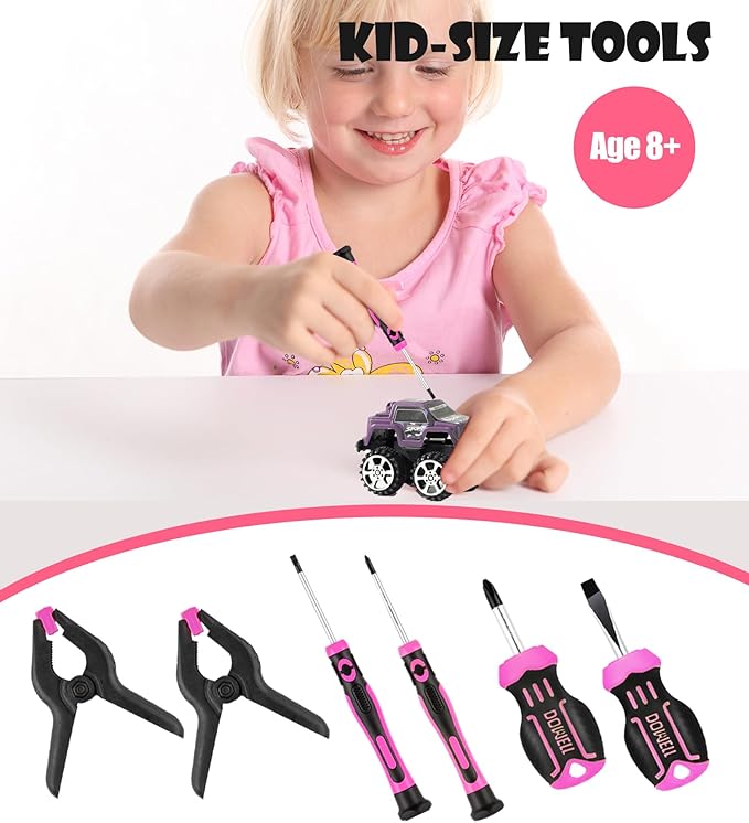 DOWELL 14 Pieces Kids Real Tools Pink Tool Set，Tool Kit with Storage Bag for Boys, Girls, Children DIY Building and Woodworking, Age 8+