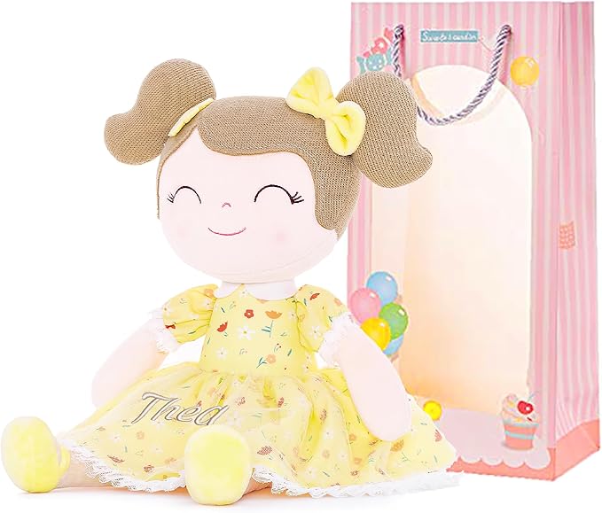 Gloveleya Personalized Doll with Embroidered Name - Floral Yellow Custom Plush Doll for Girls Cute Plush Doll Customized Gift - Muñecas de Trapo Personalizadas para Niñas