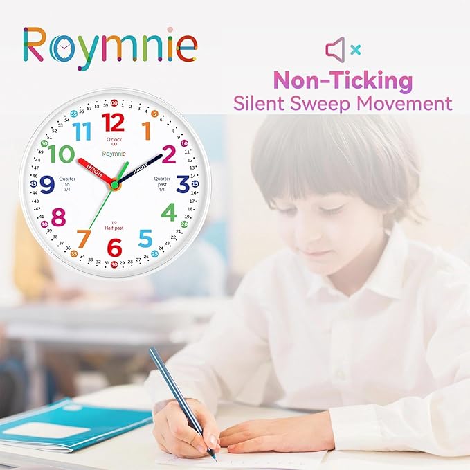 Wall Clock 10 Inch for Kids Learning Kids Teaching Clock Analog Silent Battery Operated Colorful Teaching Time Clock Decorative for Kids Room Kitchen School (White Grain)