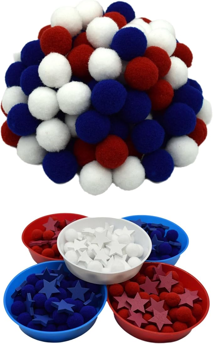 142pcs Fine Motor Skills Counting Sorting Sensory Bin Filler -100pcs Pompoms 30 Pcs Wooden Stars 5 Cups 4 Tweezers 2 Scissors 1pcs Storage Bag for Early Education Train (Blue White)