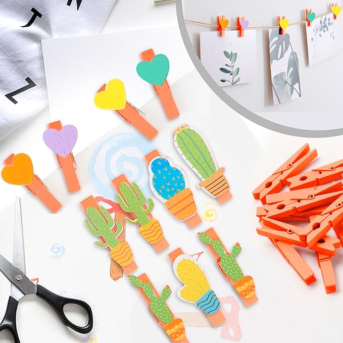 50PCS Colored Wooden Clothespins, 2.9inch Orange Clothes Pins for Clip Pictures Photos Decorative, Small Colorful Wood Decoration Closepins Clips