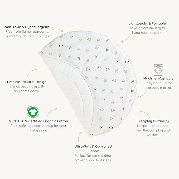 MakeMake Organics Organic Play Mat GOTS Certified Organic Cotton Nursery Floor Rug Washable Reversible Non Toxic Activity Mat Tummy Time Crawling Pad Thick Quilted (Round 48", Rainbow, White)