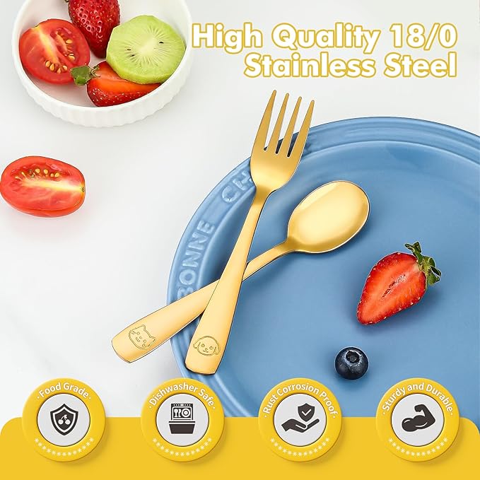 DRKIO Stainless Steel Toddler Utensils Set - 12 Pieces Kids Silverware Set Children Safe Food Grade Small Forks and Spoons Dishwasher Safe Mirror Polished