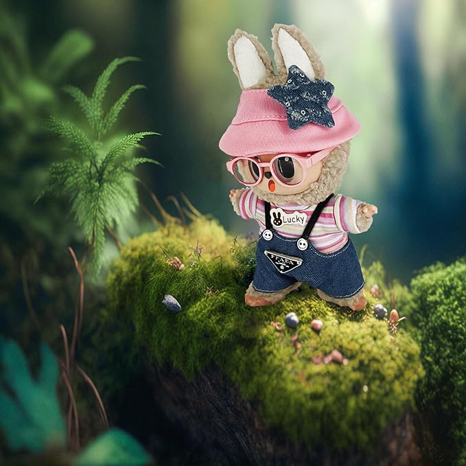 17cm Clothes Set (NO Doll) 4PC Set Hat Glasses Overalls for 17cm Accessories Suit, Doll Clothing for Trendy Blind Box，Cute Clothes for LBB Doll Dress up Unique Style,Free Combination (Pink)