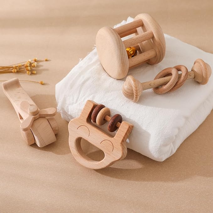 Wooden Baby Rattle Set, Newborn Wooden Rattle Toy, Natural Wooden Montessori Baby Grip Toy, Baby Gift Toy, Wood Rattle Set-1