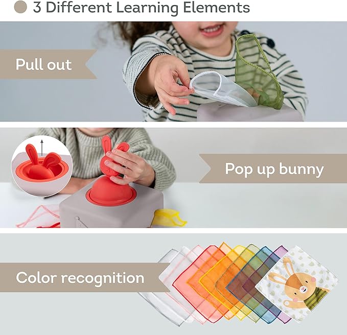 Taf Toys Baby Tissue Box Montessori Toys for Babies - Sensory & Motor Skills Development Silicone Toy with 10 Fabric Tissues, Pop-Up Bunny, Toys for 1 Year Old Boy Girl Preschool Toy