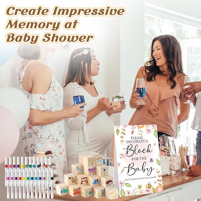 117 Pcs Baby Shower Blocks to Decorate Game Kit Includes 52 Wooden Blocks 24 Markers 1 Game Sign 40 Templates to Paint (Flower)