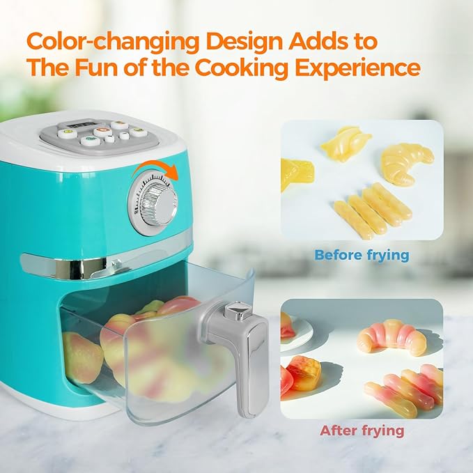 Play Kitchen Accessories, Pretend Kitchen Appliances Set with Toy Air Fryer for Kids with Sound and Lighting, Color-Changing Play Food, Birthday Gift for Boys and Girls Ages 3-5 4-8,Blue