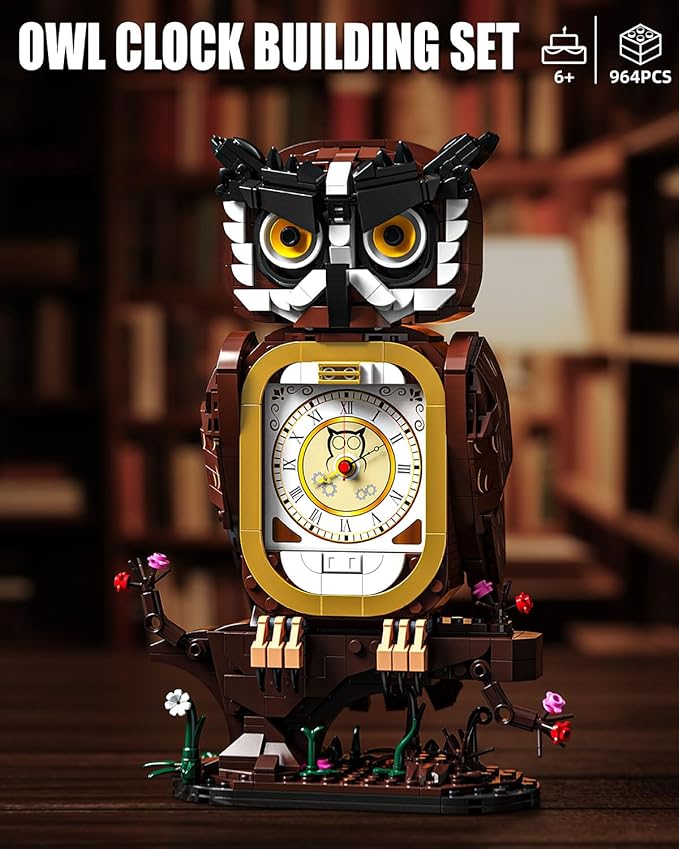 Owl Clock Building Blocks Set, STEM Building Toys with Functional Clock, Collectible Bird Display Model for Home Decor, Creative Gift for Adults & Boys 8-14 (964Pcs)