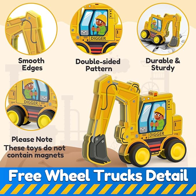 Oriate Rolling Construction Toys for Magnetic Tiles, 5pcs Construction Vehicle Toys Compatible with Magnet Tiles, Kids Trucks for Magnetic Building Blocks Magnetic Tiles, Educational Gift Boys Girls