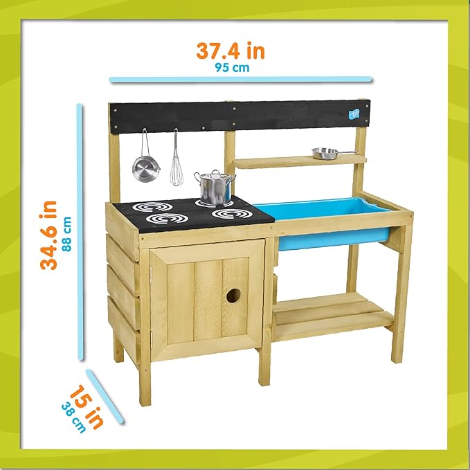 TP Toys Mud Play Kitchen For Kids - Indoor, Outdoor Wooden Toy Toddler Kitchen Playset with Accessories, Durable, Weatherproof, Removable Sink, Chalkboard, Wood Burner Stencils, Easy Assembly, Ages 3+
