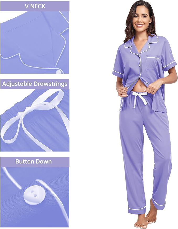 CF Womens 100% Cotton Pajamas Set Button Down Pjs Sets Short Sleeve Top & Long Pants Sleepwear Comfy Loungewear with Pockets