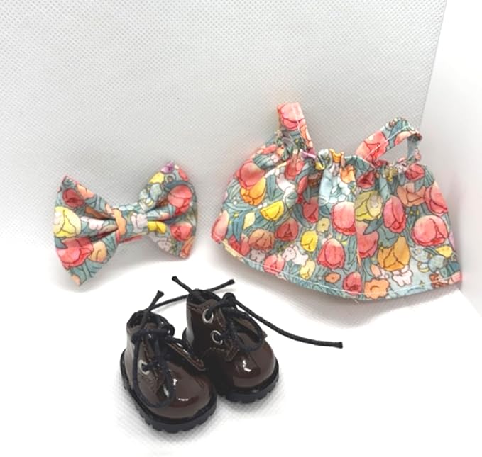 Clothes for 17cm Doll (Clothes Only) – 3-Piece Set with Floral Dress, Bow Headband, and Shoes for a Unique Dressed-Up Look – Fashion Handmade Accessories for Doll