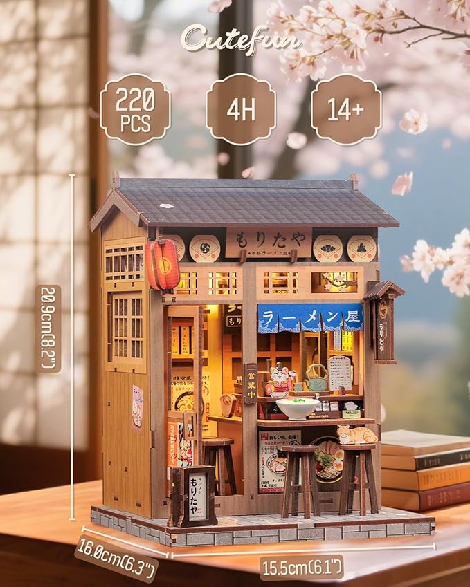 Cutefun Book Nook Kit - DIY Miniature House Kit for Adults, Japanese Tiny House Building Kit with LED, Dollhouse Kit Bookshelf Insert Decor Creative Gifts for Teens and Beginners (Morita Ramen)