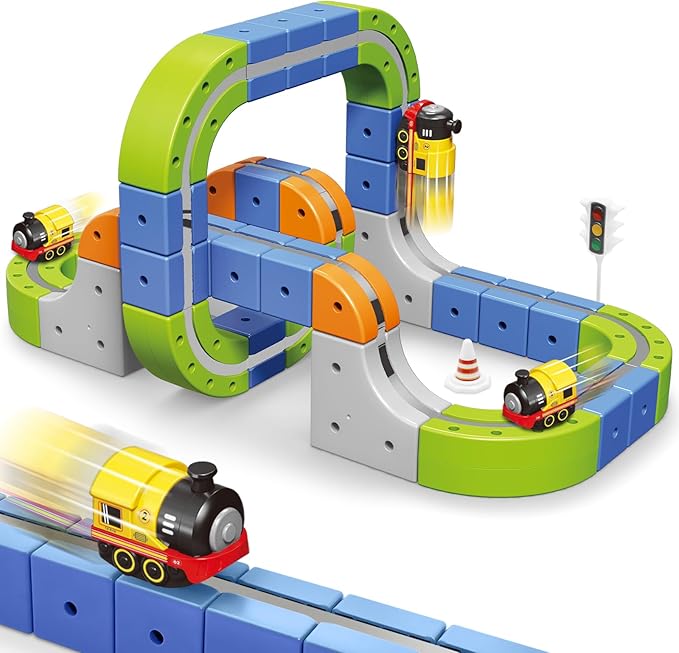 Magnetic Track Car Toys, 69PCS Flexible Race Car Track Sets for Toddlers with Electric Train, Traffic Signs, Kids Train Set Toys for 3 4 5 6 7 8 Year Old Boys Girls Birthday Party Gift-Medium
