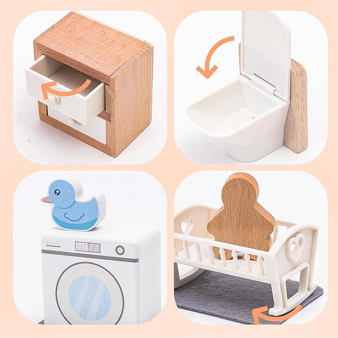 Wooden Dollhouse Furniture Set Elegant Kid’s Room & Bathroom Doll House Accessories, Premium Wood Toys for 3-6 Year Olds, Dollhouse Decor Set for Girls & Boys Birthday Christmas