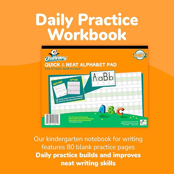 Channie’s Quick & Neat Alphabet Writing Pad, Practice Handwriting, 80 Pages Front & Back, 40 Sheets, Pre Kindergarten Books & First Grade Workbook, Homeschool Learning Supplies, Size 8.5” x 11”