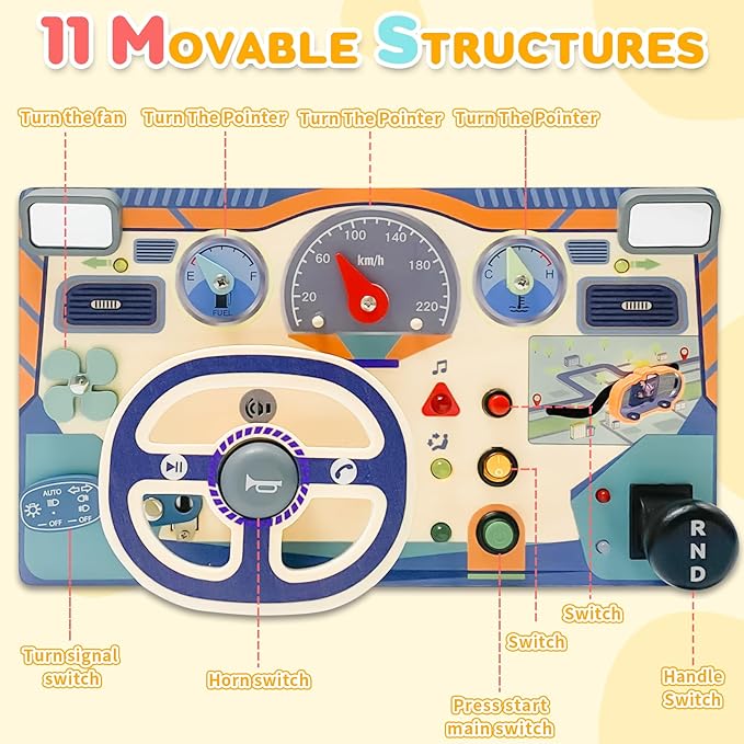 Montessori Toddler Toys Busy Board with Led Light Interactive Wooden Dashboard Steering Wheel for 1 2 3 4 Year Old Sensory Toys Toddler Activities for Boys Girls Gift