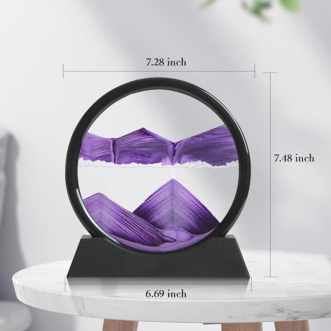 Moving Sand Art Liquid Motion, 3D Deep Sea Sandscape Color Quicksand Decor, Round Glass Moving Sand Art Picture Relaxing Desktop Home Office Work Decor (Purple, 7 inch)