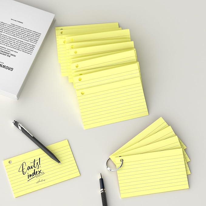 250 Count Yellow Index Cards 3x5 Inch with Key Ring, Color Flash Index Card (50 Sheets Each), Durable & Portable Note Taking for Students, Teachers, Study Note Cards for Office Home School