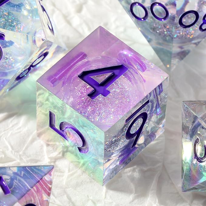 Sharp Edge Dice with Iridescent Plating, DNDND Handmade Liquid Core Resin D&D Dice Set with Dragon Metal Gift Case for Dungeons and Dragon Tabletop Games (Iridescent Plating Liquid)