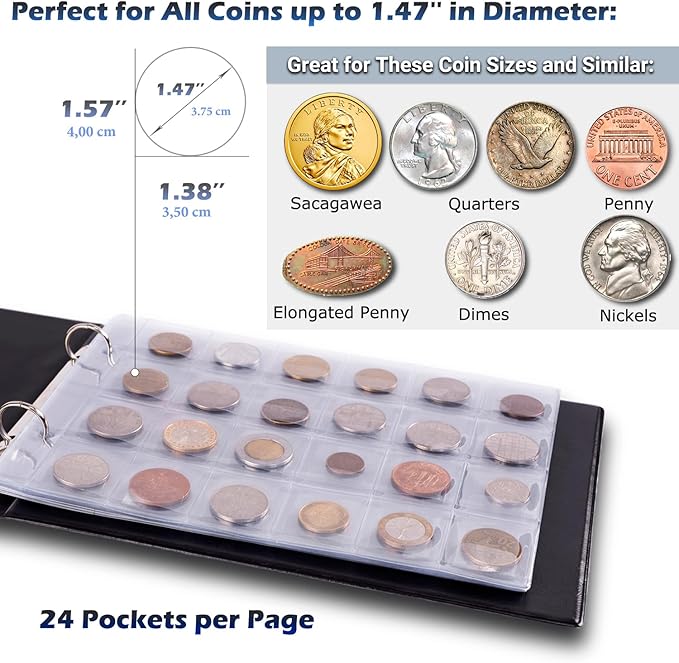 3in1 Coin Holder Album 180 Pockets - Paper Money Collection 10 Pockets - Large Storage Book for Collectors and Great for Gold Silver Dollars Dollar Bill Currency Quarters Penny Foreign Coins (Black)
