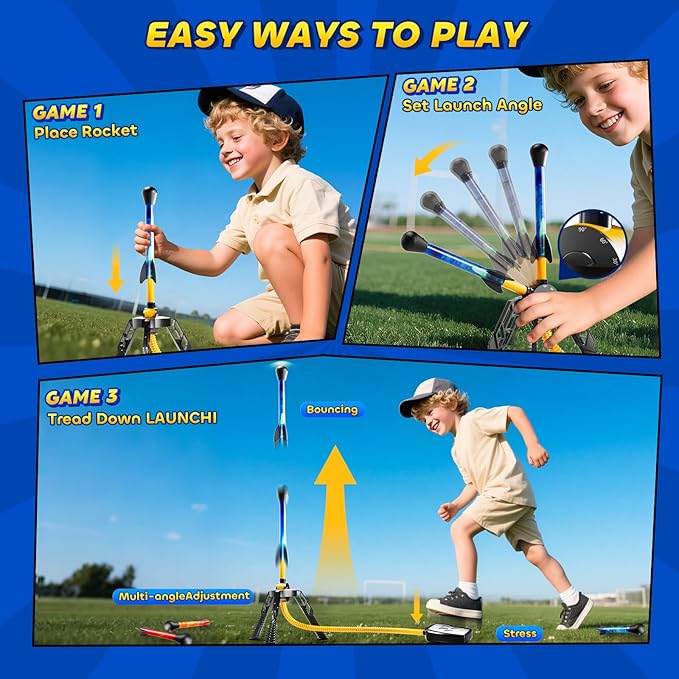 Rockets for Kids Age 4-8 with 4 LED Rockets and Launcher - Outdoor Toys for 4 5 6 7 8-12 Year Old Boy Birthday Gift, Air Powered Flying Toy Shooting Up to 100 Feet, Toys for Kids Ages 8-12