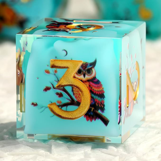 DNDND Owl Aqua Blue Translucent Resin Dice Set - 7-Piece Sharp Edge RPG Dice for D&D with Stickers, Handcrafted Premium Metal Case Gift