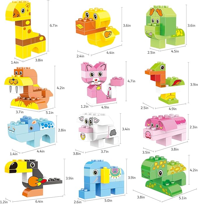 Building Blocks Set for Toddlers, Creative Large Building Bricks, Toy Animals Building Kit, Preschool Learning Educational Toys for Kids Boys Girls Gifts for 3+ Years Old (122 Pieces)