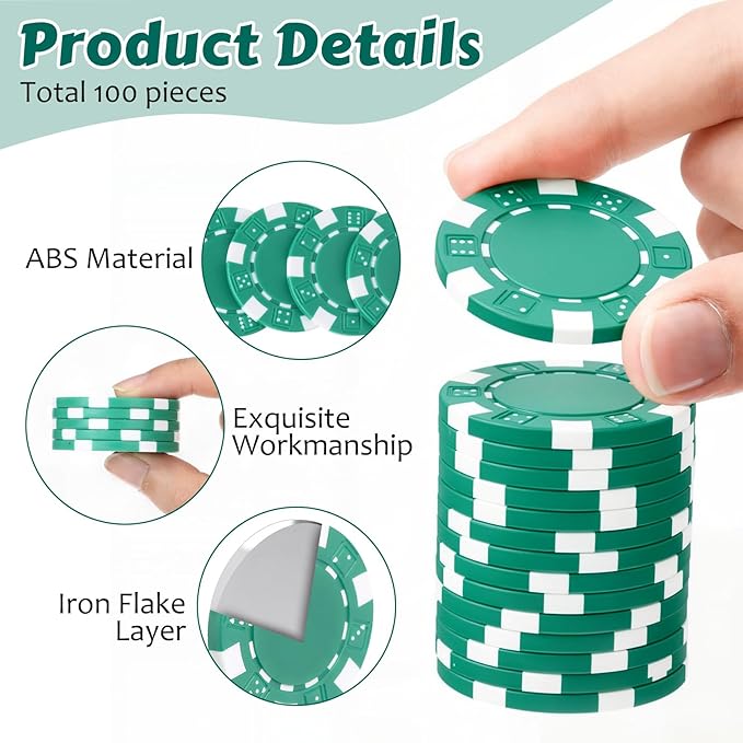 100 Pcs 11.5 Gram Poker Chips ABS Monte Carlo, 40 mm Bingo Chips Tokens Markers Blank Counting Bulk for Blackjack, and Card Night Poker Games
