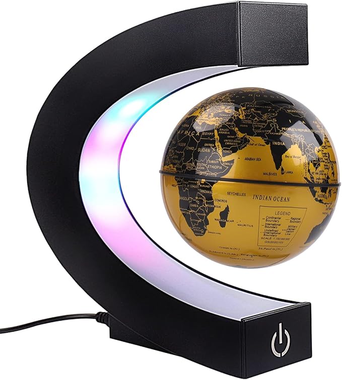 Floating Globe with Colored LED Lights C Shape Anti Gravity Magnetic Levitation Rotating World Map with Touch Switch for Gift Home Office Desk Decoration With Switch (Gold)