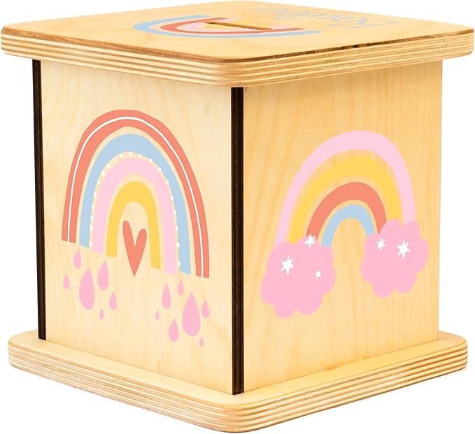 Wooden Piggy Bank for Kids and Adults, Personalized Gift Handmade in USA by BloomOwl, Custom Piggy Bank, Personalized Banks for Kids, Gifts for Baby Boys and Girls (Rainbow)