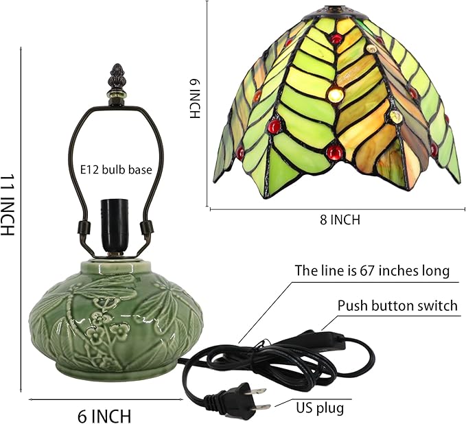 Small Tiffany Lamp Mushroom Table Lamp, Mini Stained Glass Desk Light Memory Sympathy Ceramic lamp 8X11 Inch (Brown Green Leaf)