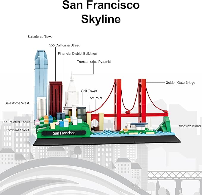 Apostrophe Games San Francisco Skyline Building Block Set (459 Pieces) Features Golden Gate Bridge and More - Architecture Landmark Model for Kids and Adults