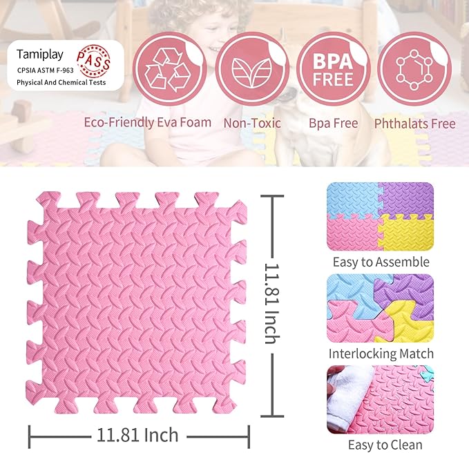 36 Tiles Foam Play Mat for Baby, 0.4 Inch Thick Foam Interlocking Floor Mats, Non-Toxic Baby Playmat, Solid Colored Puzzle Play Mat Kids Floor Mats for Toddler(Pink/Purple/Yellow/Light Blue)