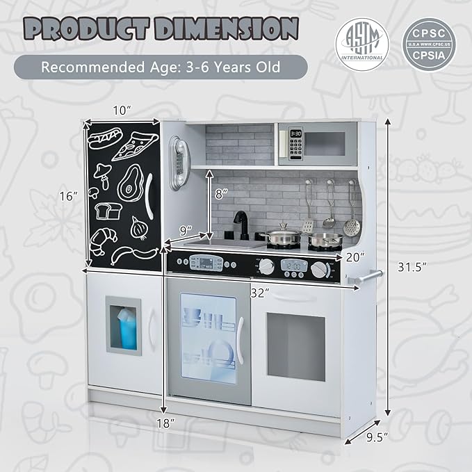 Costzon Kids Kitchen Playset, Wooden Pretend Cooking Toy Set w/Realistic Sound, Large Blackboard, Telephone, Microwave, Ice Maker, Dishwasher, Oven, Storage Space, Play Kitchen for Kids Ages 3+ (Grey)