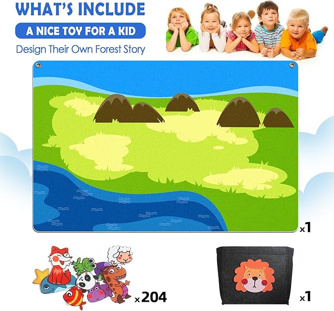 204Pcs Animals Felt Busy Board Story Set with Storage Bag Preschool Large Wall Storyboard Forest Themed Early Learning Interactive Play Kit Wall Hanging Gift for Toddlers Kids 40 X 28 Inch