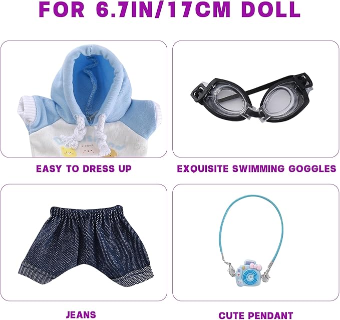 Clothes for Doll 4-Piece 17cm Doll Outfit with Blue Hoodie, Jeans, Glasses & Mini Backpack Clothes Only