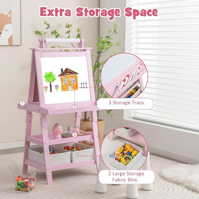 Costzon Kids Art Easel, 3 in 1 Double-Sided Painting Easel w/Magnetic Whiteboard, Chalkboard & Paper Roll, 2-Tier Storage Rack & 2 Boxes, Standing Easel for Kids, Toddlers, Gift for Boys, Girls