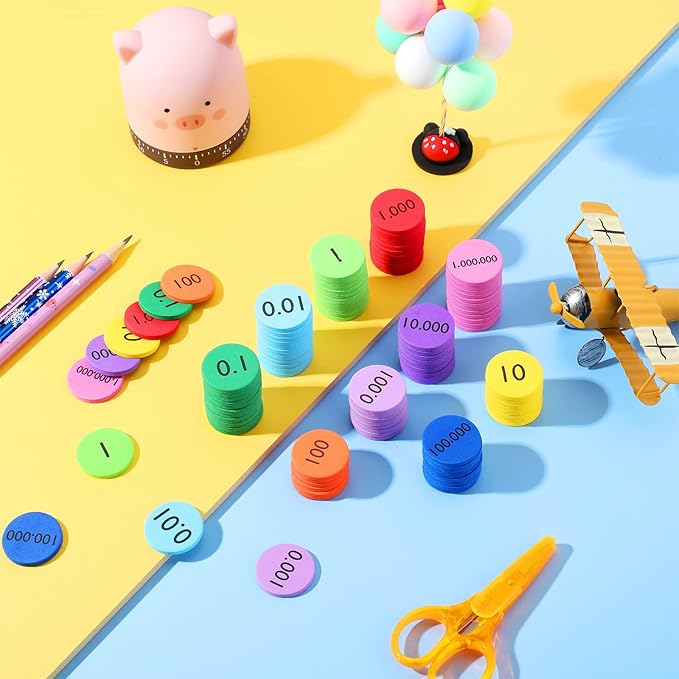 Kingdder Place Value Disks 10 Decimals to Whole Numbers Counting Chips for Kids Base 10 Place Value Manipulatives Math Counters Discs Set for Elementary School Math Supplies(1000 Pcs)