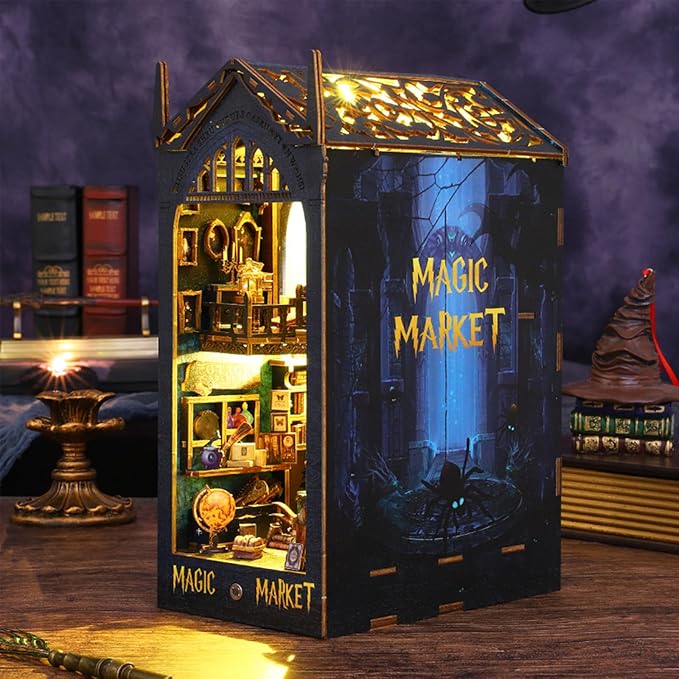 ISSEVE DIY Book Nook Miniature Kits for Adults, 3D Wooden Puzzle Dollhouse Miniature House Kit for Booknook Shelf Insert Decor, Creative Assembled Bookends Bookshelf with Sensor Light (Magic Market)