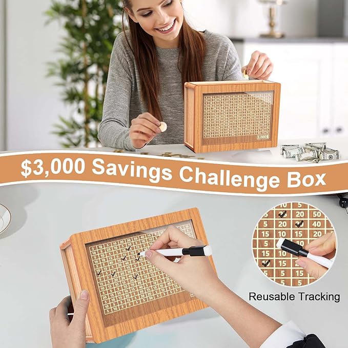 Piggy Bank for Adults Kids, Wooden Coin Bank for Boys and Girls, Cash Vault Money Saving Box with Counter $3000 Savings Challenge Money Box with Money Target and Numbers (Brown, $3000)