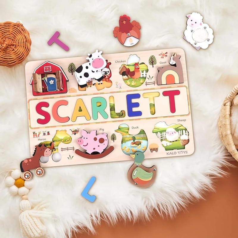 Personalized Wooden Name Puzzle for Toddlers 1-3 - Montessori Farm Animal Sensory Toy, Custom Educational Learning Toys for Toddlers to Boosts Fine Motor Skills, Perfect Birthday Gift