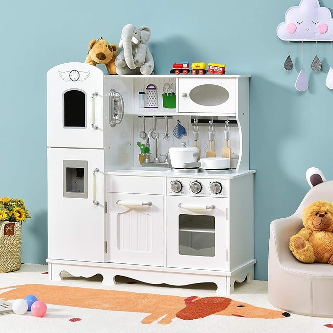 Costzon Kids Kitchen Playset, Wooden Toddlers Toy Kitchen with Light & Sound, Microwave, Ice Maker, Oven, Sink & Faucet, Cooking Accessories, Pretend Play Kitchen, Gift for Boys Girls Age 3+