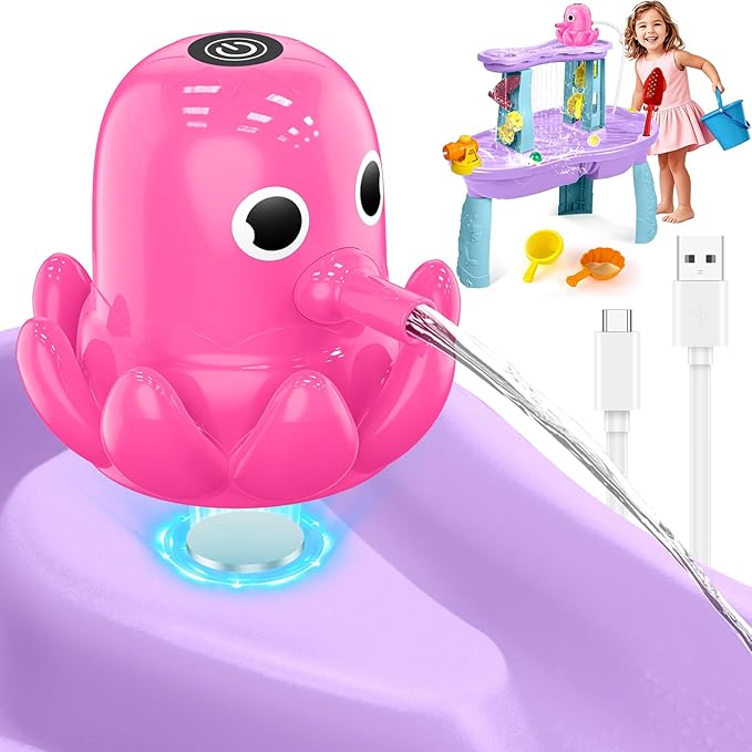 Water Table Pump Octopus, Cordless Rechargeable Pump for Water Tables with Magnetic Mounting, No Drill Installation, Durable Outdoor Water Play Accessories for Kids & Toddlers (Pink)