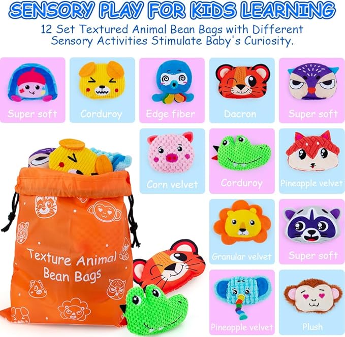Sensory Bean Bag for Kids 12 Pack,Texture Sensory Beanbags,Sensory Toys for Autism,Cute Animal Beanbags,Sensory Toys for Toddlers Kids Learning,Sensory Play Fine Motor Anxiety Relief