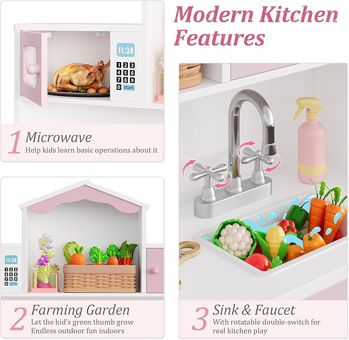 Keyluv Wooden Play Kitchen for Kids and Toddler, Montessori Toy Kitchen Playset with Plenty of Pretend Play Features and Storage Drawers, Gift for Boys and Girls, Pink